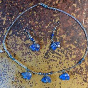 Blue bear necklace and matching earrings